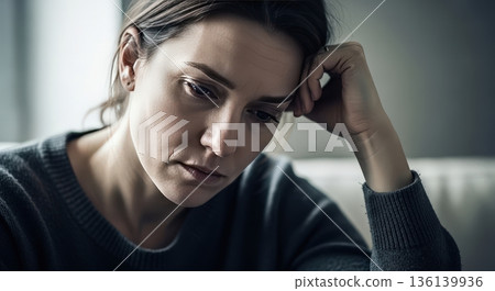 A woman with a gloomy expression suffering from depression is alone and suffering from mental health and mental well-being 136139936