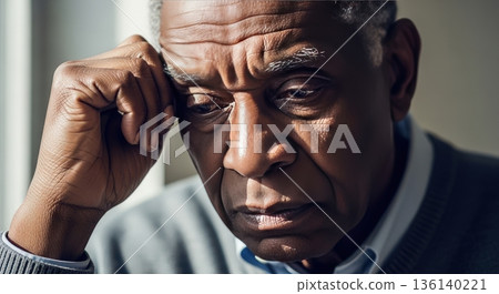 A man with a gloomy expression suffering from depression is alone and suffering from mental health and mental well-being 136140221