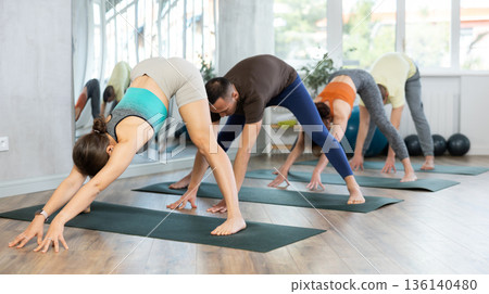 Lovers of active lifestyle on yoga mat perform doing Ardha prasarita padottanasana in gym 136140480