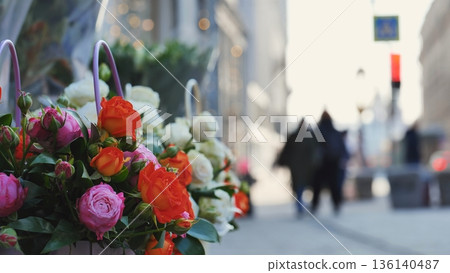 Colorful roses for sale decorating Moscow street 136140487