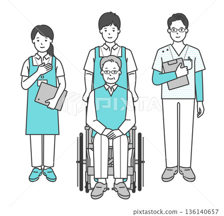 坐輪椅的老人和護理人員插圖向量圖 136140657