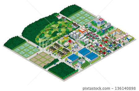 Suburban cityscape illustration. Isometric city. 136140898