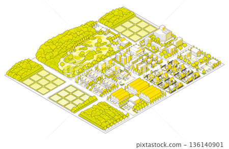 郊區城市景觀插圖。等距視角城市。 郊區城市景觀插圖。等距視角城市。 136140901