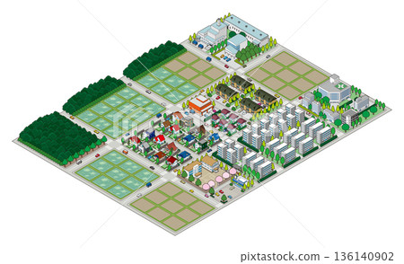 郊區城市景觀插圖。等距視角城市。 郊區城市景觀插圖。等距視角城市。 136140902