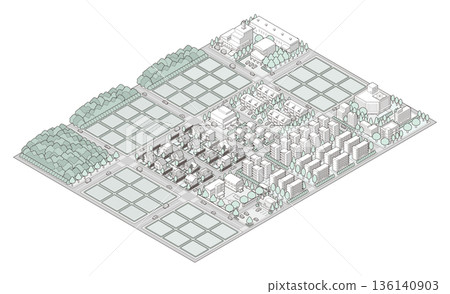 郊區城市景觀插圖。等距視角城市。 郊區城市景觀插圖。等距視角城市。 136140903