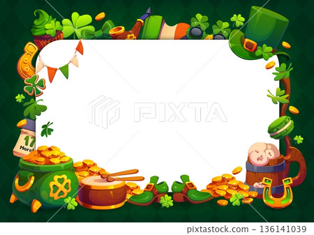 St Patrick day holiday greeting card template with frame of shamrock clovers, vector background. Saint Patrick Irish holiday blank template with leprechaun hat, green ale beer mug and Ireland flag St Patrick day holiday greeting card template with frame of shamrock clovers, vector background. Saint Patrick Irish holiday blank template with leprechaun hat, green ale beer mug and Ireland flag 136141039