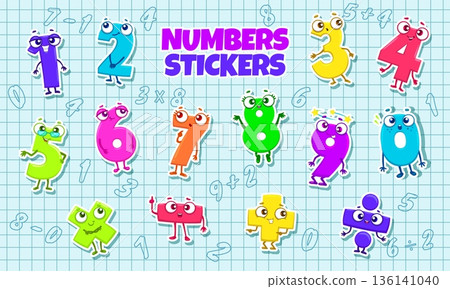 Cartoon math number character stickers of numerals and mathematical symbols, vector pack. Kid education math number stickers of plus or minus signs, multiplication and division mathematics equations Cartoon math number character stickers of numerals and mathematical symbols, vector pack. Kid education math number stickers of plus or minus signs, multiplication and division mathematics equations 136141040