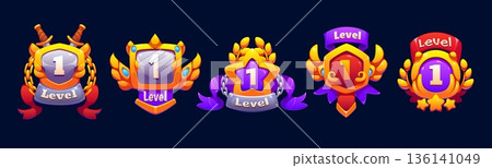 Game level up rank badge icons asset, shields with golden laurel wreaths, medieval ribbons, glowing wings and shining stars. Cartoon vector emblems with gems for mobile game, competition progress 136141049