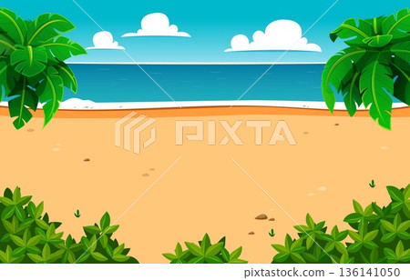Sunny tropical beach with calm blue ocean, golden sand, green palm leaves and bushes in the foreground. Horizon under fluffy white clouds. Cartoon vector island beach landscape, game level background Sunny tropical beach with calm blue ocean, golden sand, green palm leaves and bushes in the foreground. Horizon under fluffy white clouds. Cartoon vector island beach landscape, game level background 136141050