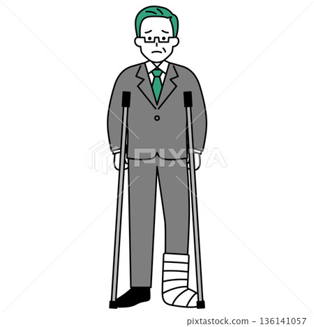 一位身穿西裝、腿部受傷、拄著拐杖的中年男子 一位身穿西裝、腿部受傷、拄著拐杖的中年男子 136141057