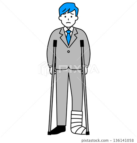 A man in a suit with a leg injury and crutches 136141058