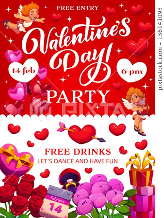 Valentines day party flyer. Vector invitation festive poster template featuring cartoon cupids, heart balloons, flowers and gifts with details about free entry, drinks, and dance fun on February 14 Valentines day party flyer. Vector invitation festive poster template featuring cartoon cupids, heart balloons, flowers and gifts with details about free entry, drinks, and dance fun on February 14 136141093