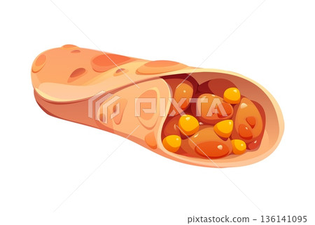 Cartoon fast food or takeaway isolated vector burrito wrapped in soft tortilla with orange beans and yellow corn kernels. Mexican cuisine meals and Tex Mex fast food sandwich burrito wrap for menu 136141095
