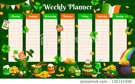 Weekly planner with St Patrick's day holiday objects and characters. Kid lessons vector timetable or education week planner with Saint Patrick's leprechaun, coins and clovers, sweets, beer tankard 136141096