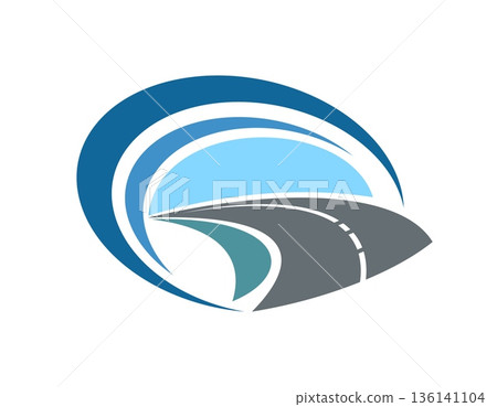 Highway road icon or asphalt route way symbol of pathway, vector emblem. Road icon of highway and sky for travel or transport company corporate round badge of drive street and roadway silhouette Highway road icon or asphalt route way symbol of pathway, vector emblem. Road icon of highway and sky for travel or transport company corporate round badge of drive street and roadway silhouette 136141104