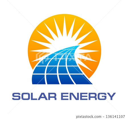 Solar energy technology icon with stylized sun and a solar panel, representing renewable electric power for homes and buildings. Abstract blue panel and warm sunshine rays, green energy industry 136141107