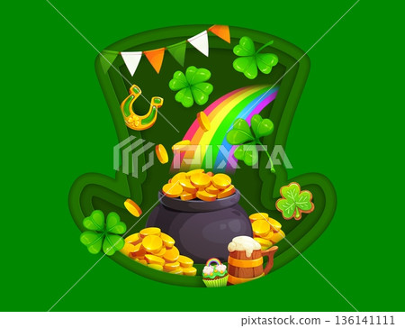 Happy St Patrick's day paper cut banner with leprechaun hat. Irish party cutout vector flyer, Saint Patrick day folk celebration poster. or banner with leprechaun pot of gold, horseshoe and shamrocks 136141111