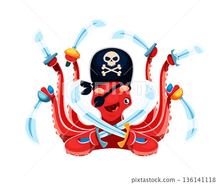 Cute octopus animal pirate character with red body, black tricorn hat and eye patch, cartoon vector. Octopus corsair holds multiple sharp sabers in its long tentacles as sea animal Caribbean pirate Cute octopus animal pirate character with red body, black tricorn hat and eye patch, cartoon vector. Octopus corsair holds multiple sharp sabers in its long tentacles as sea animal Caribbean pirate 136141118