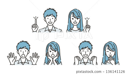 Happy, surprised, pointing young couple facial expression set 136141126