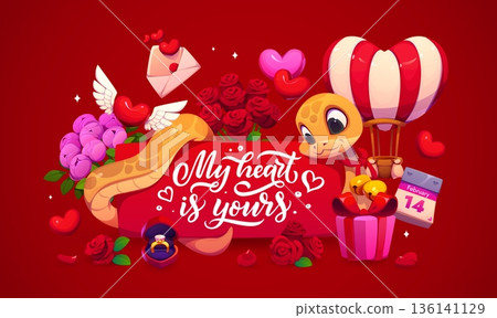 My heart is yours happy Valentine day greeting card with cute snake holding a banner, surrounded by roses, hearts, gifts, love letter, February 14 calendar, engagement ring and heart hot air balloon 136141129