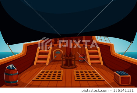 Wooden pirate ship deck interior with barrels, steering wheel, crates of cannonballs, stairs and a central mast under a large black sail. cartoon vector wooden corsair boat adventurous game background Wooden pirate ship deck interior with barrels, steering wheel, crates of cannonballs, stairs and a central mast under a large black sail. cartoon vector wooden corsair boat adventurous game background 136141131