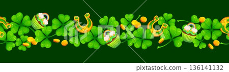 St patricks day shamrock clover border. Saint Patrick festive vector separator line, Irish party underline border or spacer. Spring holiday divider with gold coins and lucky horseshoe, cupcake dessert 136141132