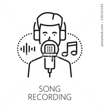 Song and sound recording line icon or label. Sound design mastering thin line icon, music production vector sign. Song and voice recording studio symbol with man performer singing in studio Song and sound recording line icon or label. Sound design mastering thin line icon, music production vector sign. Song and voice recording studio symbol with man performer singing in studio 136141163
