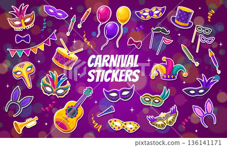 Cartoon carnival party mask and entertainment stickers with Venetian masks, mustaches, and musical instruments. Vector festive elements like fireworks, bow ties, air balloons for Mardi Gras event 136141171