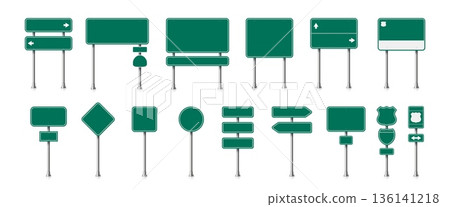 Street road green traffic signs and empty highway signboards in different forms such as square, diamond and shield. Vector road signs mockups for location and destination guide Street road green traffic signs and empty highway signboards in different forms such as square, diamond and shield. Vector road signs mockups for location and destination guide 136141218