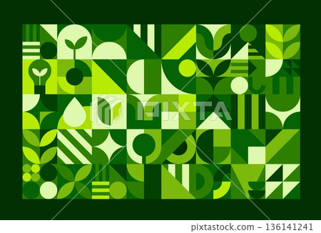 Environment background ecology geometric nature Bauhaus pattern. Ecology protection vector background, planet Earth saving Bauhaus abstract green forms print. Environment geometric backdrop or pattern Environment background ecology geometric nature Bauhaus pattern. Ecology protection vector background, planet Earth saving Bauhaus abstract green forms print. Environment geometric backdrop or pattern 136141241