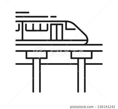 High speed monorail railway train locomotive line icon or pictogram. Passenger transportation railway thin line icon, public transport linear vector symbol. Railroad industry locomotive outline sign 136141242