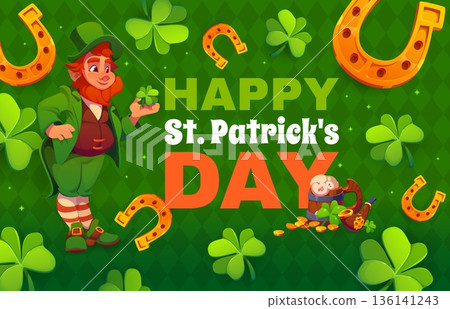 St Patrick day holiday greeting card with leprechaun and shamrock clovers, vector poster. Happy Saint Patrick day greeting with leprechaun character, trefoil shamrock, golden horseshoe and ale beer 136141243