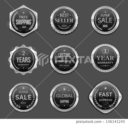 Sale, shipping or warranty silver badges, labels and award seals vector laurel wreaths. Silver badges for product quality guarantee sticker, free delivery on global shipping and bestseller best choice 136141245