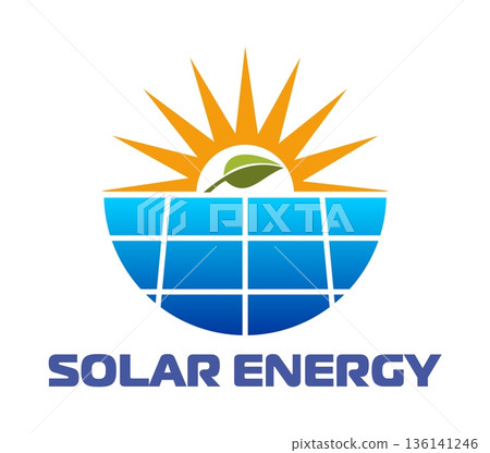 Solar energy technology icon of sun and green leaf, vector emblem. Solar energy and photovoltaic technology sign of solar panel for alternative energy or renewable electric tech company badge Solar energy technology icon of sun and green leaf, vector emblem. Solar energy and photovoltaic technology sign of solar panel for alternative energy or renewable electric tech company badge 136141246