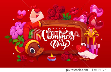 Happy Valentine day greeting card with romantic elements like roses, hearts, gifts, dove holding a love note, a candle, and a cute snake animal peeking from the side at deep red festive background Happy Valentine day greeting card with romantic elements like roses, hearts, gifts, dove holding a love note, a candle, and a cute snake animal peeking from the side at deep red festive background 136141260