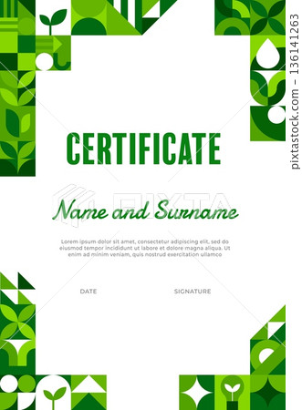 Environment business certificate with geometric Bauhaus pattern. Nature sustainability vector certificate, ecology Bauhaus shapes official letter. Environment save diploma with geometric pattern 136141263