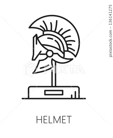 Ancient greece history museum exhibit line icon or pictogram. Museum outline vector pictogram, gallery sign. Antique armor exhibit symbol with greek or macedonian warrior bronze helmet with crest 136141275
