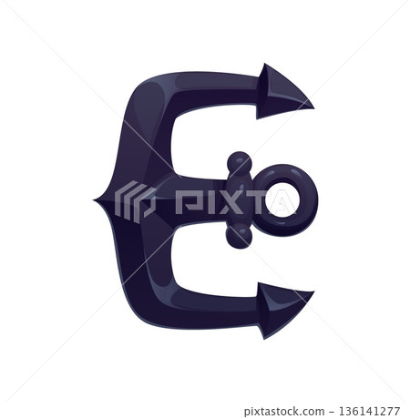 Pirate font, cartoon ship anchor letter E for Caribbean corsairs typeface, vector type. Pirate font or corsair type English alphabet letter E in shape of anchor or marine mooring grapnel for typeface Pirate font, cartoon ship anchor letter E for Caribbean corsairs typeface, vector type. Pirate font or corsair type English alphabet letter E in shape of anchor or marine mooring grapnel for typeface 136141277