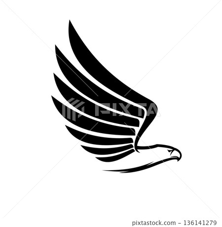 Falcon hawk or eagle icon of flying bird with wing feathers, vector business emblem. Falcon hawk or eagle in flight motion for creative design of freedom and innovation for company corporate identity Falcon hawk or eagle icon of flying bird with wing feathers, vector business emblem. Falcon hawk or eagle in flight motion for creative design of freedom and innovation for company corporate identity 136141279