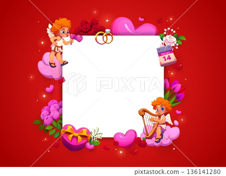 Valentine day banner or greeting card. Cartoon vector square frame with gifts, and wedding rings, cupids, hearts, flowers and romantic elements on a red background. Template for messages or photos 136141280