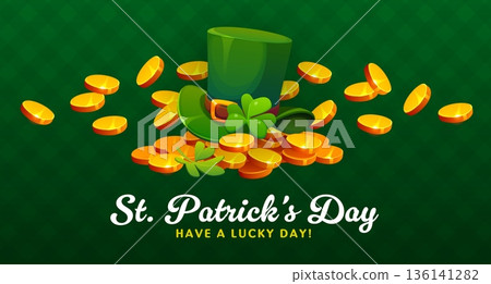 St patrick's day banner with leprechaun hat and golden coins. Irish celebration vector greeting card, Saint Patrick party poster or flyer with leprechaun gold, green top hat and handwritten typography 136141282