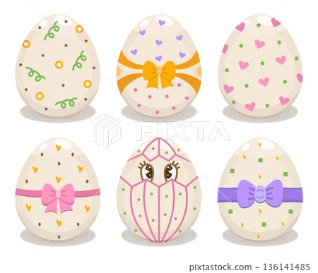 Color decorated Easter eggs with different patterns, vector icon set. Traditional Eastern European food for the holiday, colorful signs. Creative festive whimsical cliparts Color decorated Easter eggs with different patterns, vector icon set. Traditional Eastern European food for the holiday, colorful signs. Creative festive whimsical cliparts 136141485