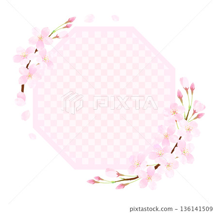 Octagonal frame with fluttering cherry blossom petals [Checkered] 136141509