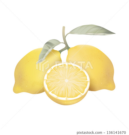 Fresh lemons with leaves on white 136141670