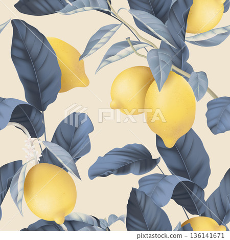 Fruit seamless pattern, pastel lemons and blue leaves on bright brown 136141671