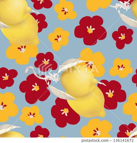 Fruit seamless pattern, pastel lemons and flowers on blue 136141672
