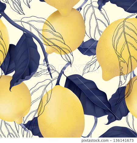Fruit seamless pattern, pastel lemons and blue leaves on bright yellow 136141673
