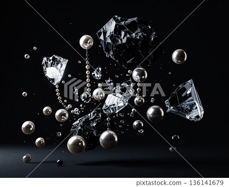 珍珠和水晶在黑色背景上舞動。奢華的背景素材由珠寶和岩石構成,在零重力環境下破碎。 珍珠和水晶在黑色背景上舞動。奢華的背景素材由珠寶和岩石構成,在零重力環境下破碎。 136141679