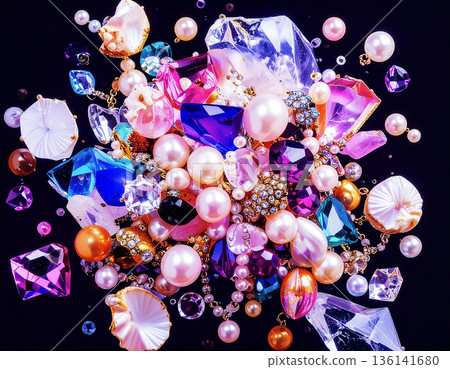 一組色彩繽紛的寶石和珍珠在純黑色背景上閃閃發光。優雅奢華的珠寶紋理背景。 一組色彩繽紛的寶石和珍珠在純黑色背景上閃閃發光。優雅奢華的珠寶紋理背景。 136141680