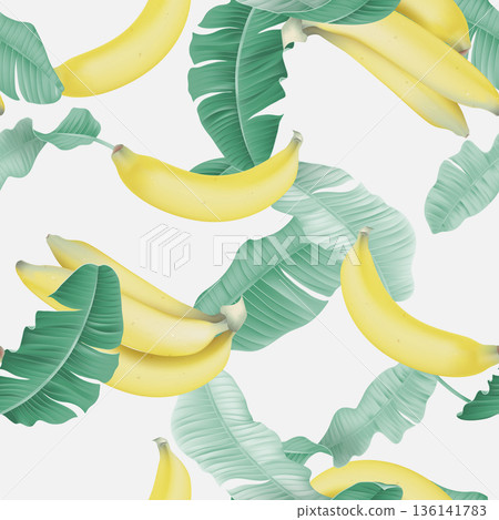 Fruit seamless pattern, Cavendish bananas with leaves on bright grey 136141783